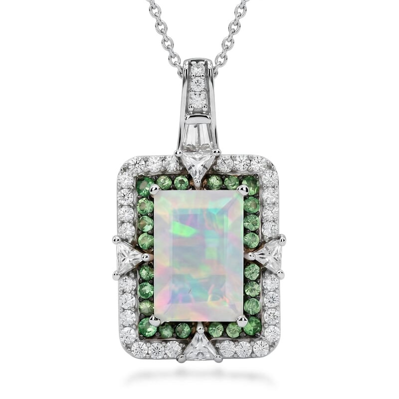 D'Joy Premium Ethiopian Welo Opal and Multi Gemstone 4.10 ctw Victorian Era Pendant Necklace in Rhodium Over Sterling Silver 20 Inches