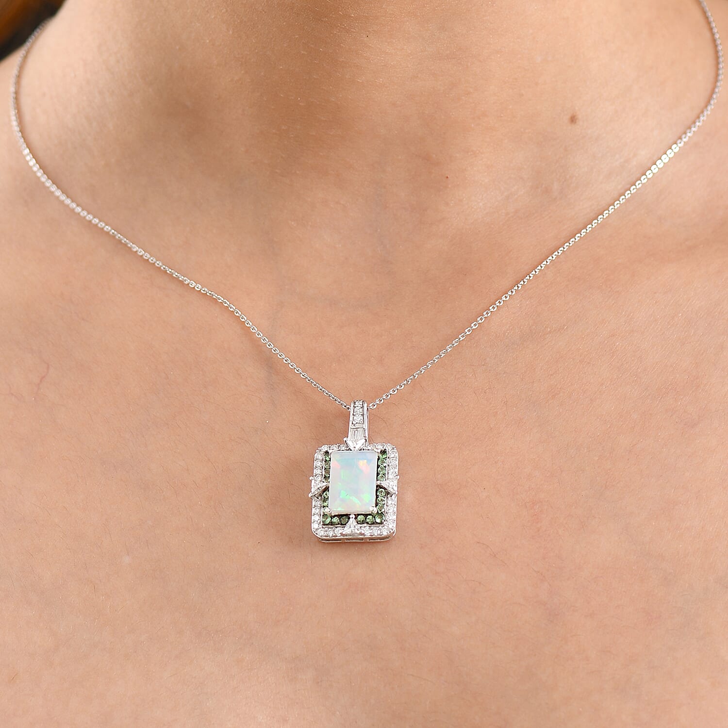 D'Joy Premium Ethiopian Welo Opal and Multi Gemstone 4.10 ctw Victorian Era Pendant Necklace in Rhodium Over Sterling Silver 20 Inches