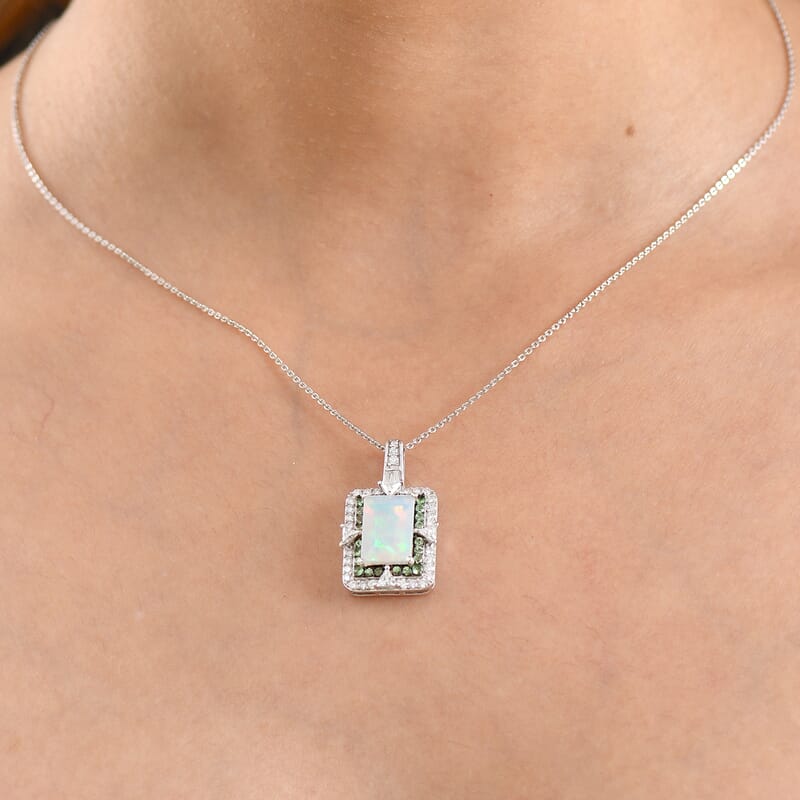 D'Joy Premium Ethiopian Welo Opal and Multi Gemstone 4.10 ctw Victorian Era Pendant Necklace in Rhodium Over Sterling Silver 20 Inches