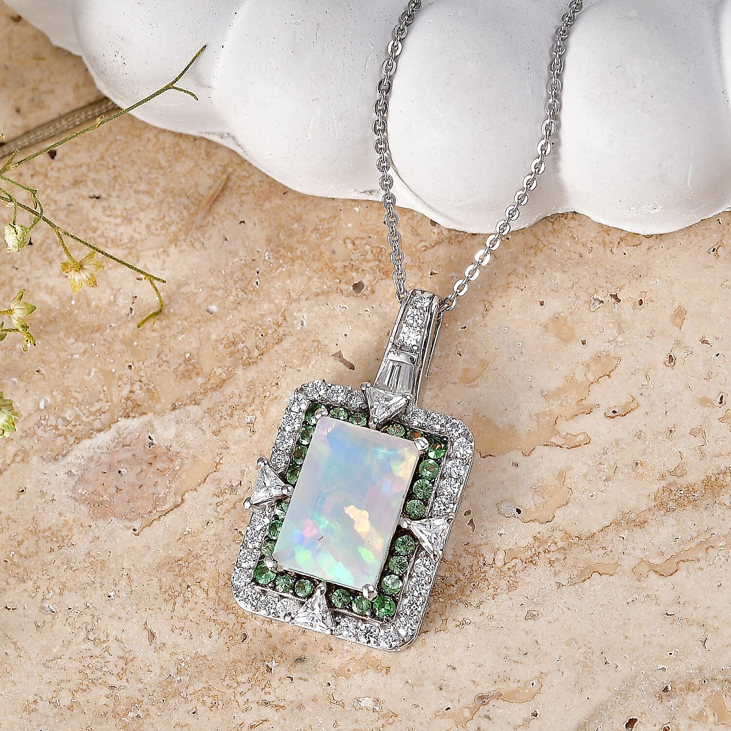 D'Joy Premium Ethiopian Welo Opal and Multi Gemstone 4.10 ctw Victorian Era Pendant Necklace in Rhodium Over Sterling Silver 20 Inches