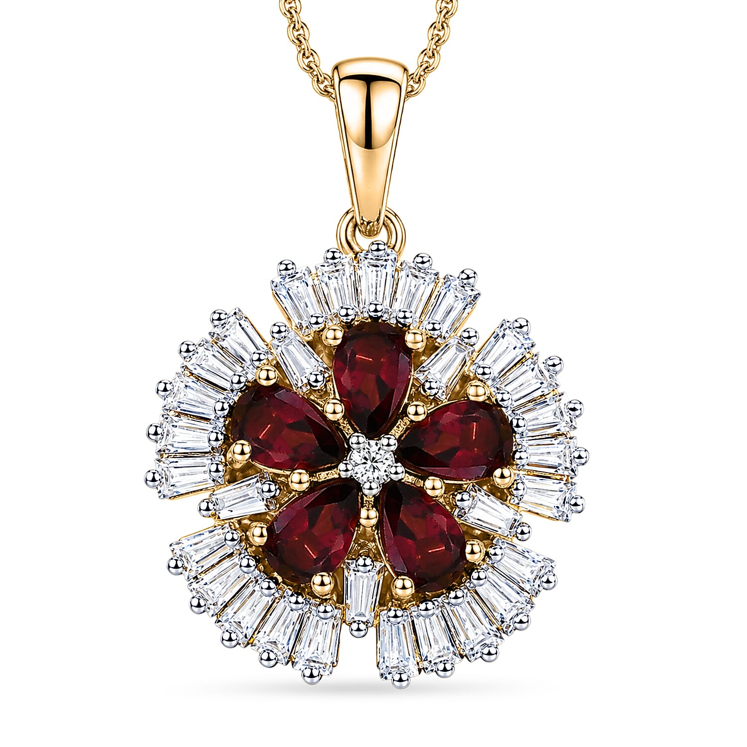 D'Joy Premium Malawi Magenta Garnet and Moissanite 2.50 ctw Midnight Bloom Pendant Necklace in 18K Vermeil Yellow Gold Over Sterling Silver 20 Inches