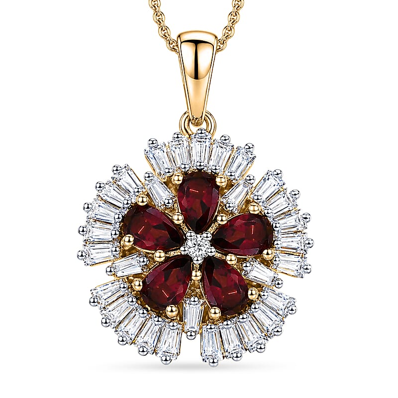 D'Joy Premium Malawi Magenta Garnet and Moissanite 2.50 ctw Midnight Bloom Pendant Necklace in 18K Vermeil Yellow Gold Over Sterling Silver 20 Inches