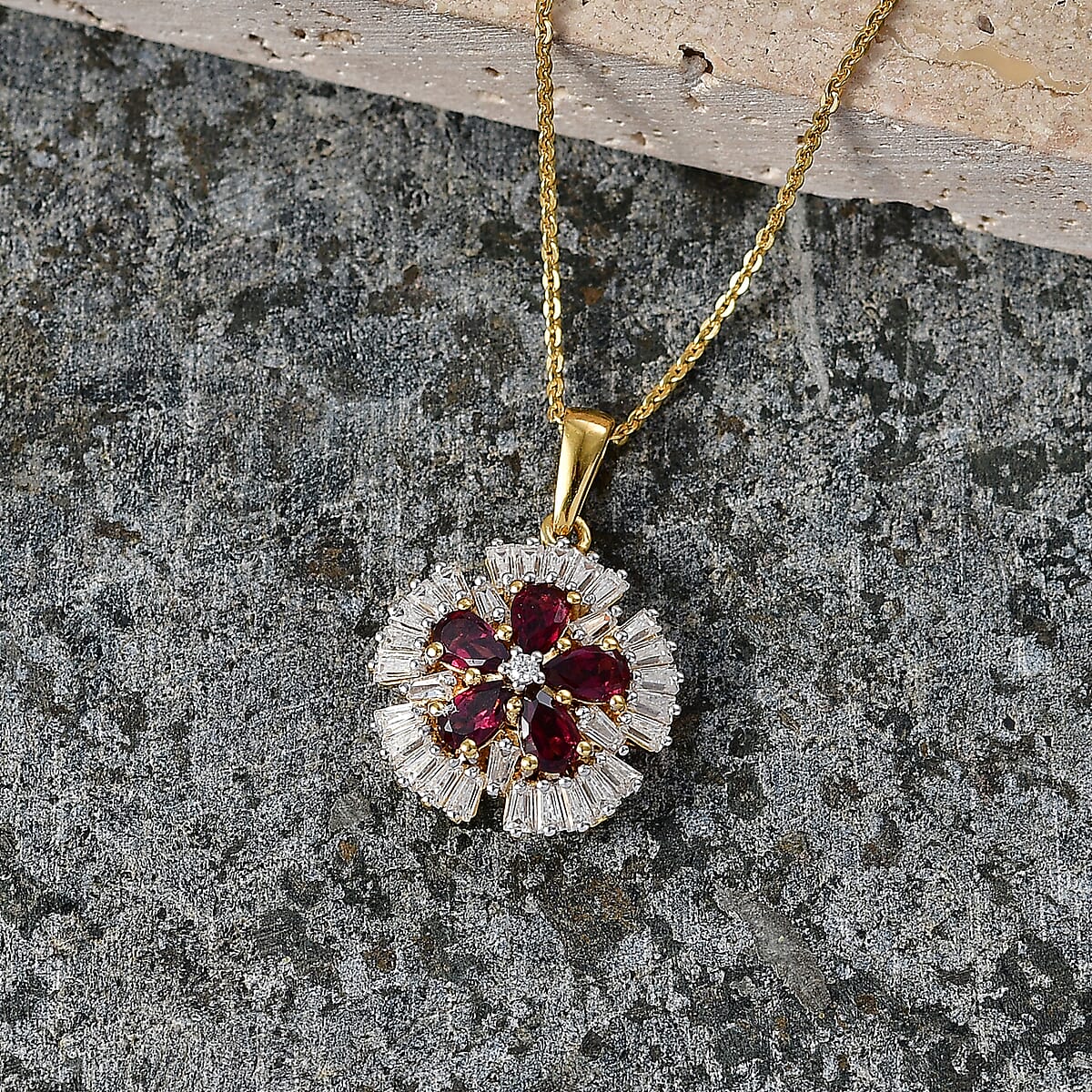 D'Joy Premium Malawi Magenta Garnet and Moissanite 2.50 ctw Midnight Bloom Pendant Necklace in 18K Vermeil Yellow Gold Over Sterling Silver 20 Inches  image number 1