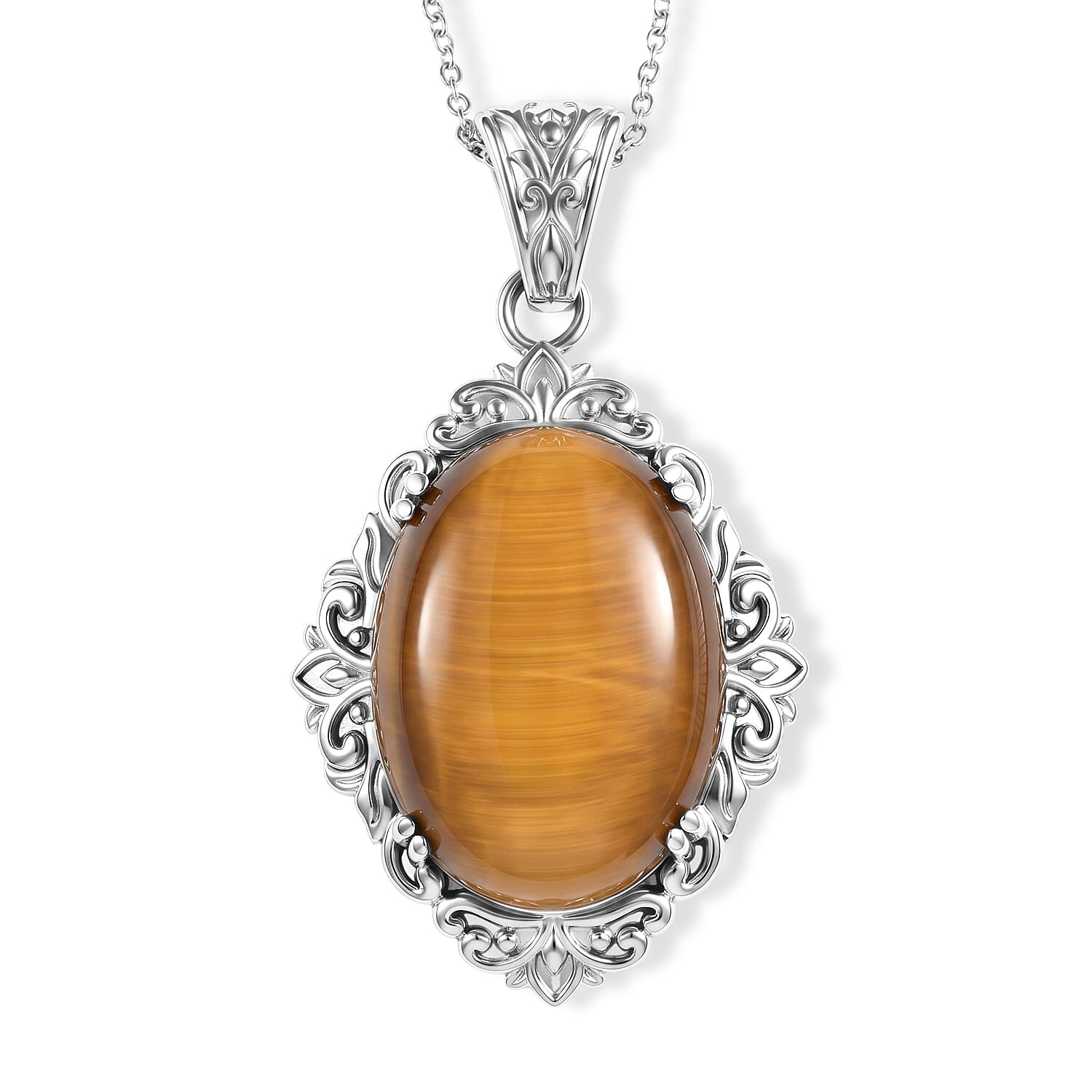 EverTrue Tiger Eye 48.70 ctw Pendant Necklace in Stainless Steel 20 Inches