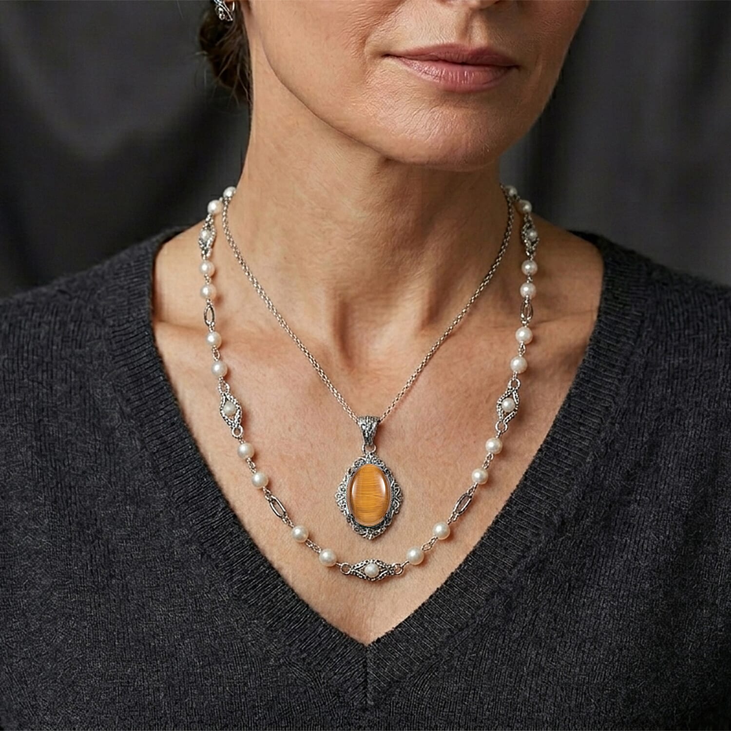 EverTrue Tiger Eye 48.70 ctw Pendant Necklace in Stainless Steel 20 Inches