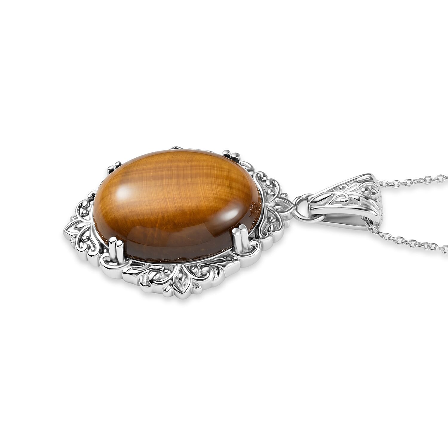 EverTrue Tiger Eye 48.70 ctw Pendant Necklace in Stainless Steel 20 Inches