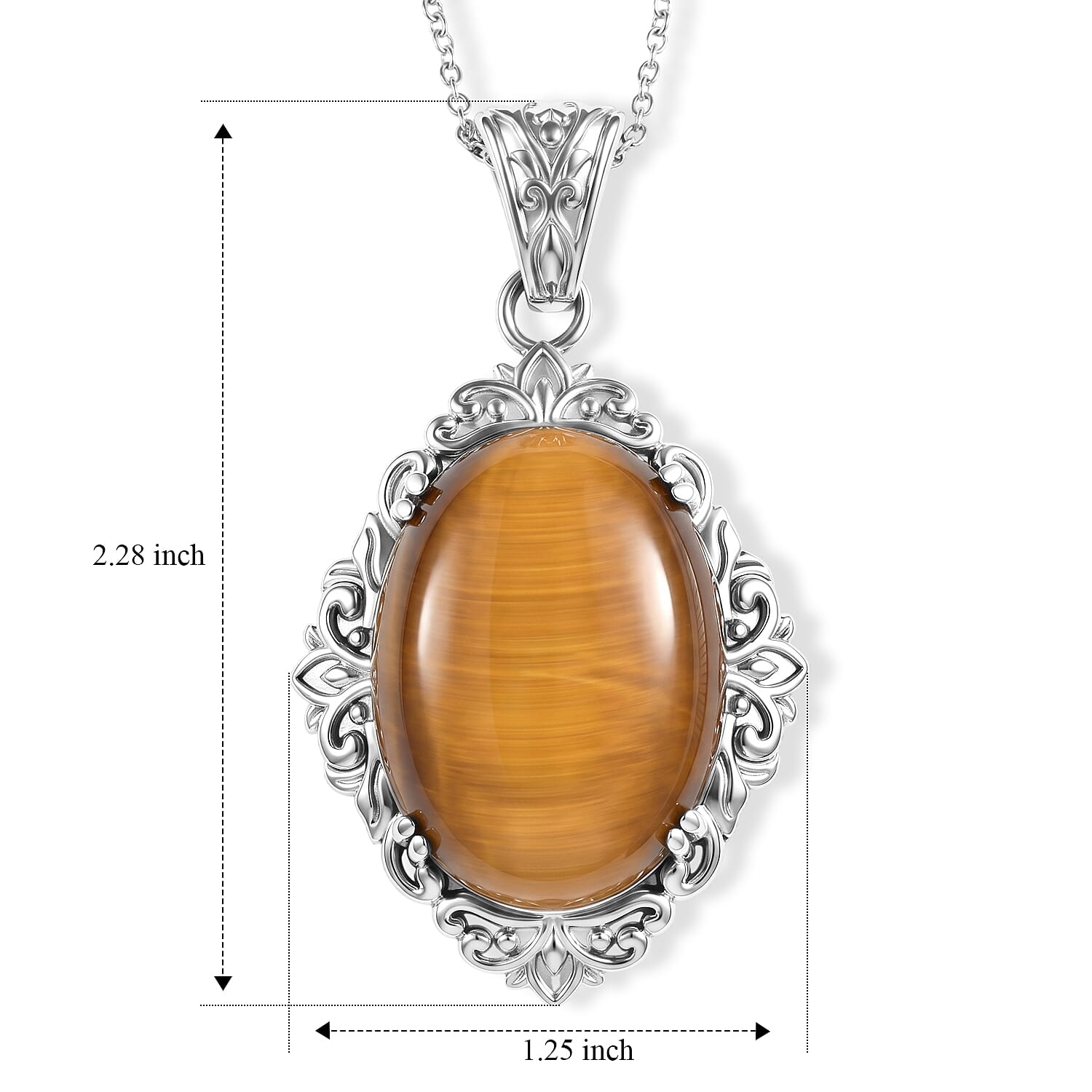 EverTrue Tiger Eye 48.70 ctw Pendant Necklace in Stainless Steel 20 Inches