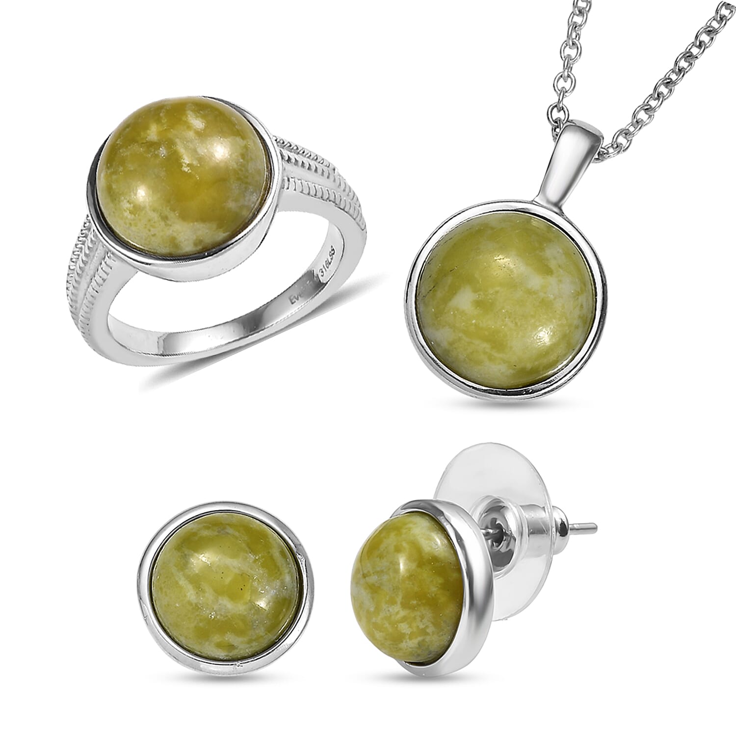 EverTrue Connemara Marble 23.30 ctw Earrings, Ring (Size 7.00) and Pendant Necklace 20 Inches in Stainless Steel