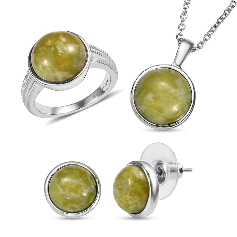EverTrue Connemara Marble 23.30 ctw Earrings, Ring (Size 7.00) and Pendant Necklace 20 Inches in Stainless Steel