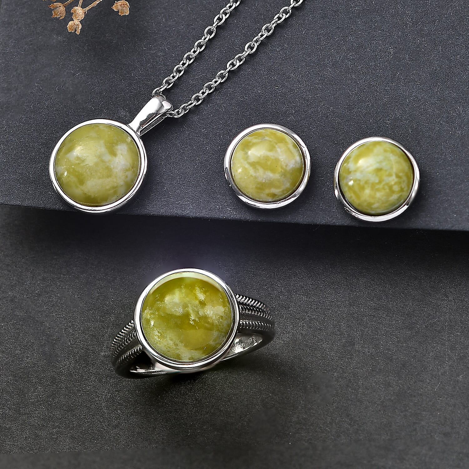 EverTrue Connemara Marble 23.30 ctw Earrings, Ring (Size 7.00) and Pendant Necklace 20 Inches in Stainless Steel