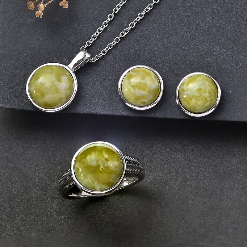 EverTrue Connemara Marble 23.30 ctw Earrings, Ring (Size 7.00) and Pendant Necklace 20 Inches in Stainless Steel