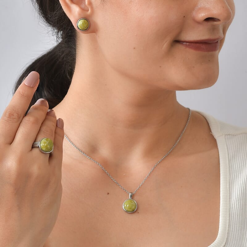 EverTrue Connemara Marble 23.30 ctw Earrings, Ring (Size 7.00) and Pendant Necklace 20 Inches in Stainless Steel