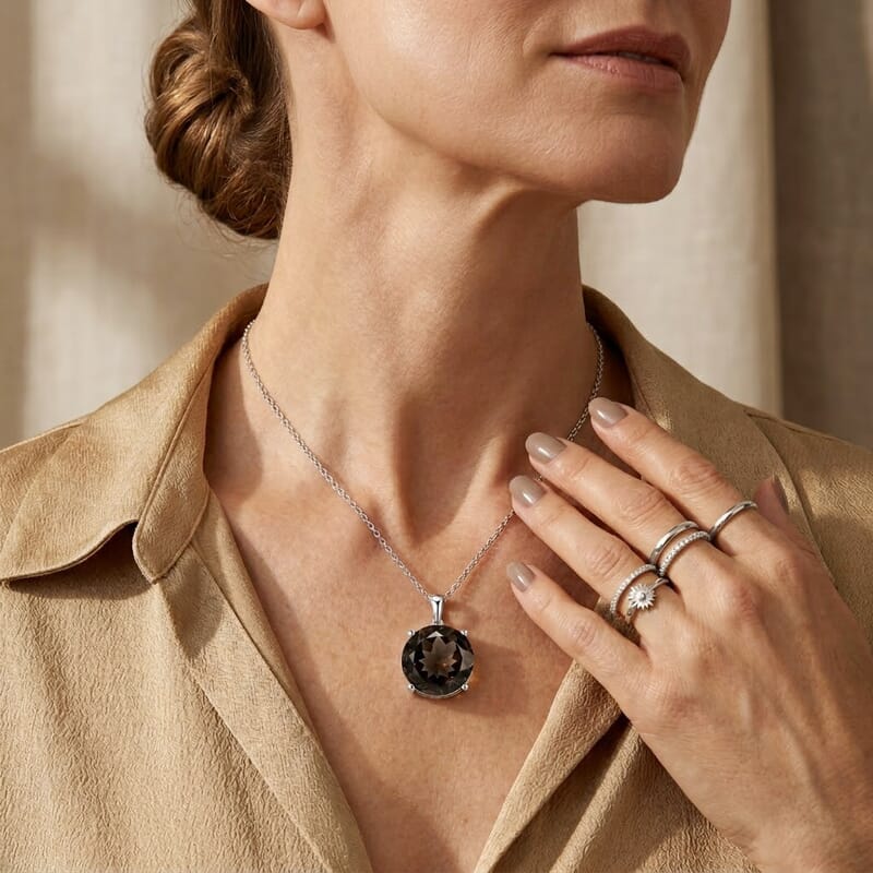 EverTrue Brazilian Smoky Quartz 11.00 ctw Pendant Neckalce in Stainless Steel 20 Inches