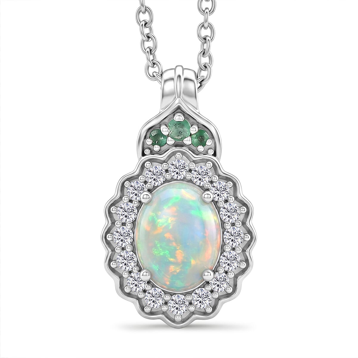 D'Joy Premium Ethiopian Welo Opal and Multi Gemstone 1.90 ctw Pendant Necklace (20 Inches) in Rhodium Over Sterling Silver