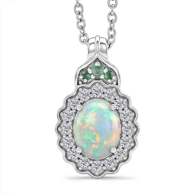 D'Joy Premium Ethiopian Welo Opal and Multi Gemstone 1.90 ctw Opaline Blossom Pendant Necklace (20 Inches) in Rhodium Over Sterling Silver