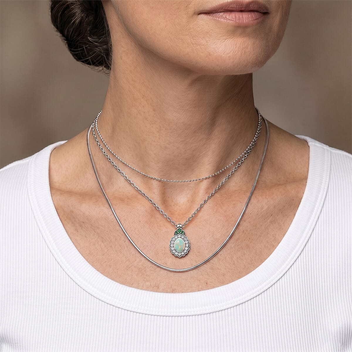 D'Joy Premium Ethiopian Welo Opal and Multi Gemstone 1.90 ctw Pendant Necklace (20 Inches) in Rhodium Over Sterling Silver image number 2
