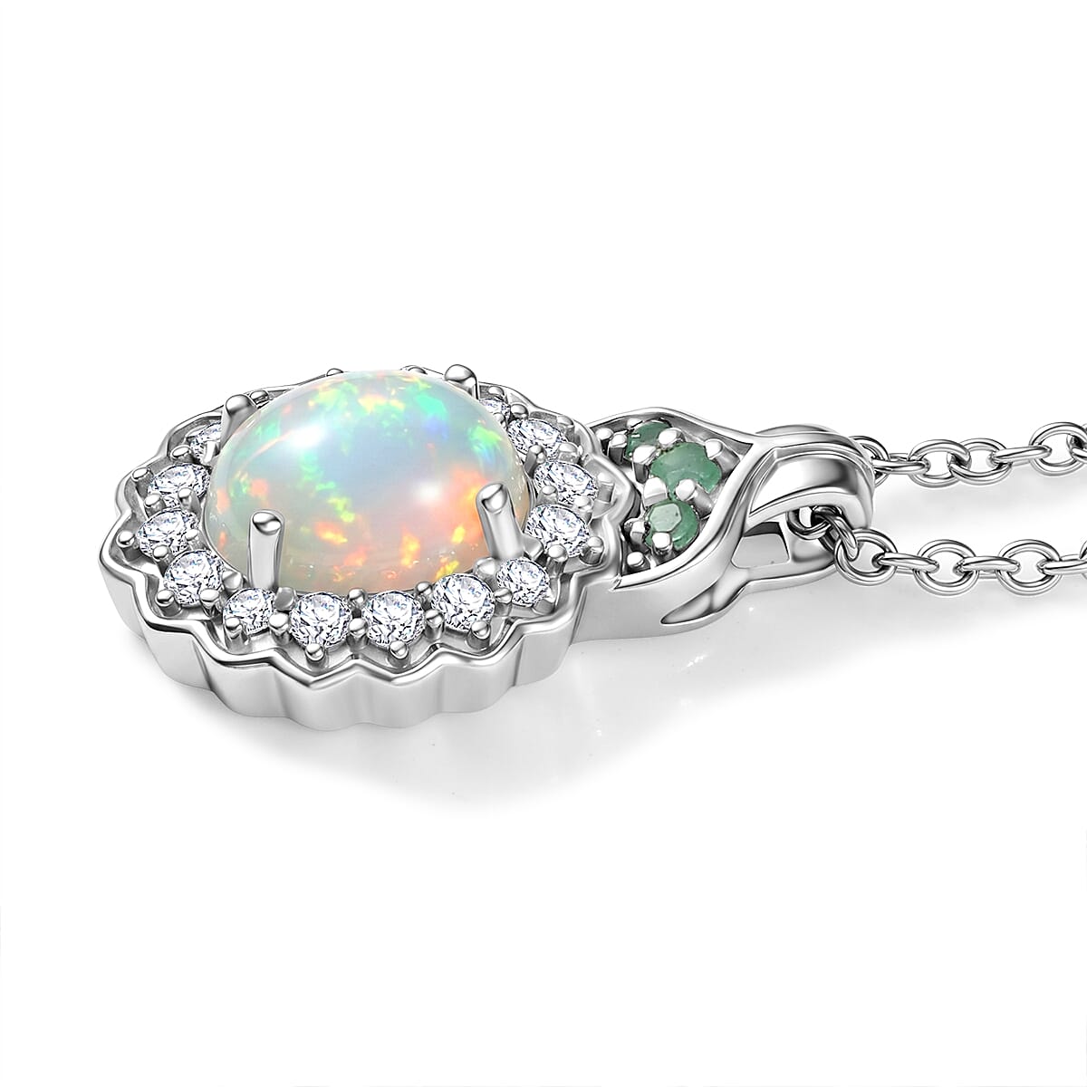 D'Joy Premium Ethiopian Welo Opal and Multi Gemstone 1.90 ctw Pendant Necklace (20 Inches) in Rhodium Over Sterling Silver