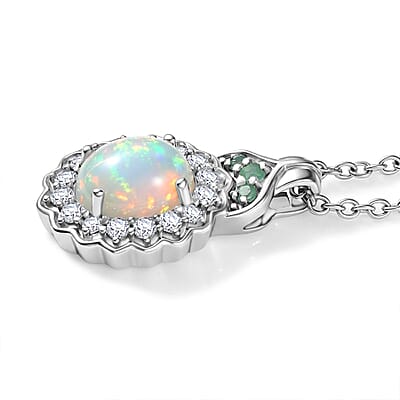 D'Joy Premium Ethiopian Welo Opal and Multi Gemstone 1.90 ctw Opaline Blossom Pendant Necklace (20 Inches) in Rhodium Over Sterling Silver