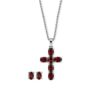 Mozambique Garnet 4.50 ctw Earrings, Pendant Necklace (20 Inches) in Stainless Steel