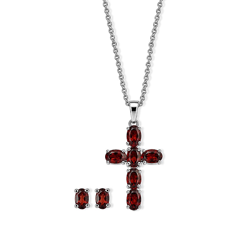 Mozambique Garnet 4.50 ctw Earrings, Pendant Necklace (20 Inches) in Stainless Steel
