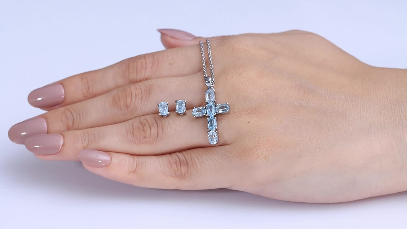 EverTrue Sky Blue Topaz 5.15 ctw Earrings and Pendant Necklace 20 Inches in Stainless Steel