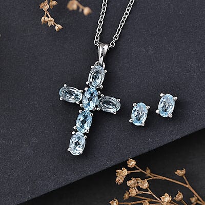 EverTrue Sky Blue Topaz 5.15 ctw Earrings and Pendant Necklace 20 Inches in Stainless Steel
