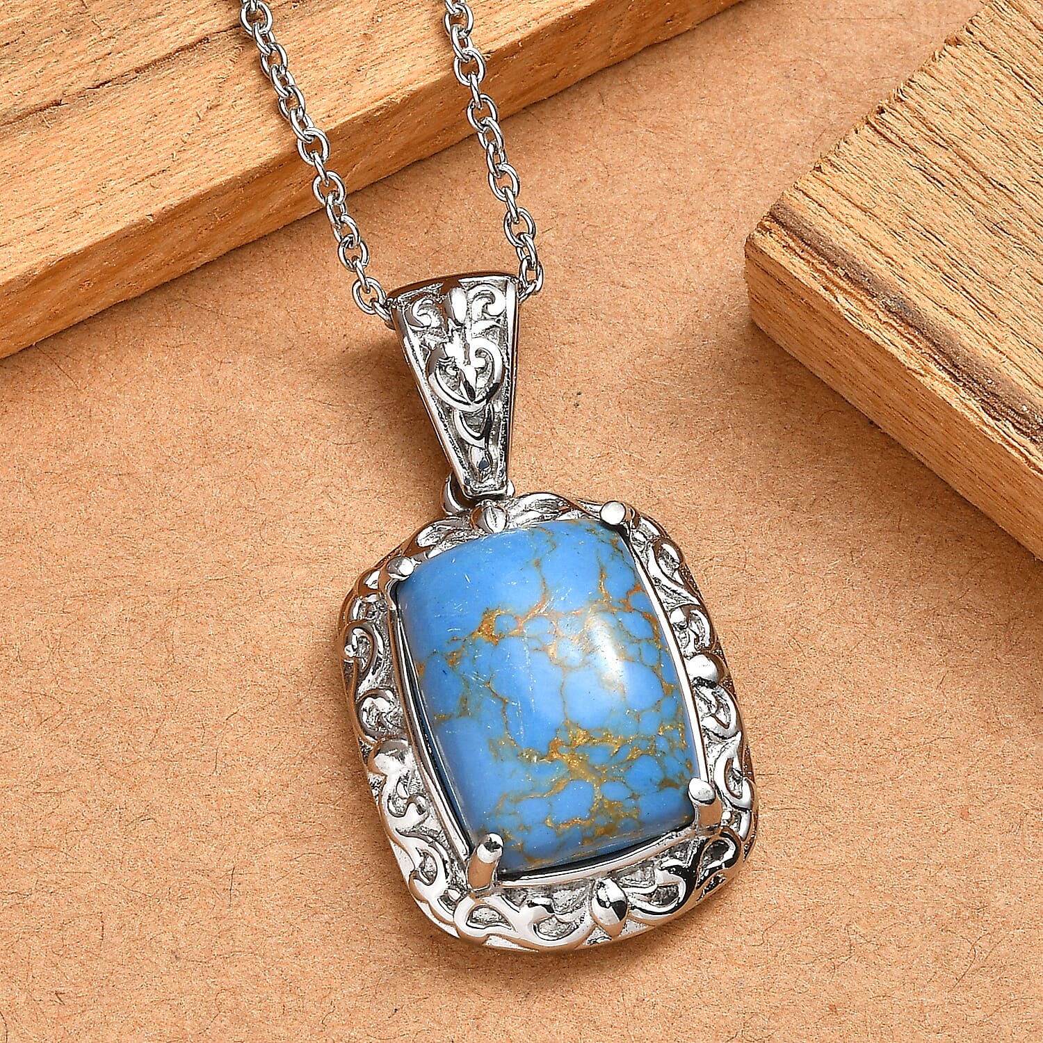 EverTrue Mojave Blue Turquoise 9.30 ctw Pendant Necklace in Stainless Steel 20 Inches