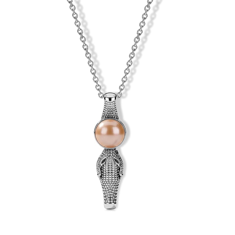 EverTrue Peach Freshwater Pearl and Black Spinel Pendant Necklace in Stainless Steel 20 Inches