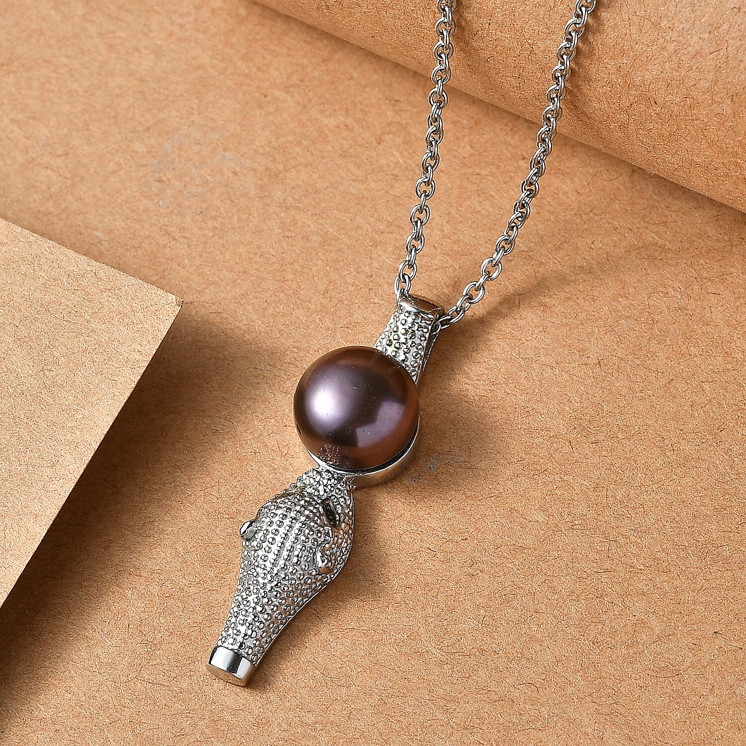 EverTrue Freshwater Peacock Pearl, Black Spinel Pendant Necklace in Stainless Steel 20 Inches