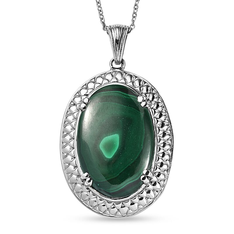 EverTrue African Malachite 33.00 ctw Pendant Necklace in Stainless Steel 20 Inches