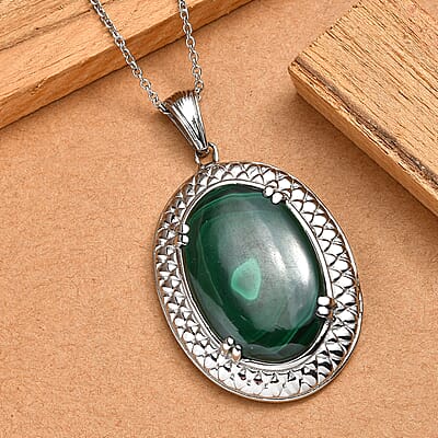 EverTrue African Malachite 33.00 ctw Pendant Necklace in Stainless Steel 20 Inches
