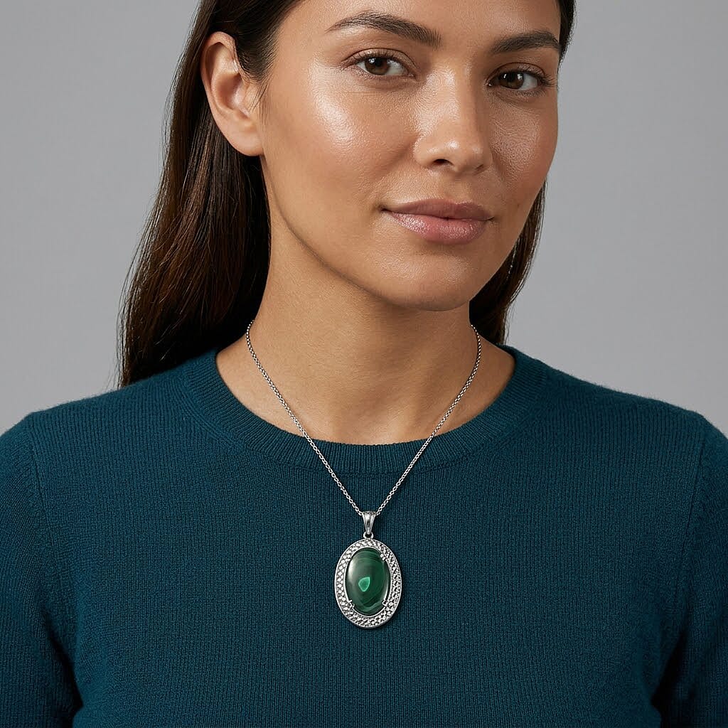 EverTrue African Malachite 33.00 ctw Pendant Necklace in Stainless Steel 20 Inches