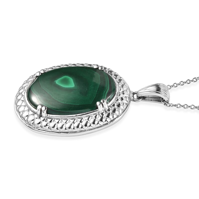 EverTrue African Malachite 33.00 ctw Pendant Necklace in Stainless Steel 20 Inches