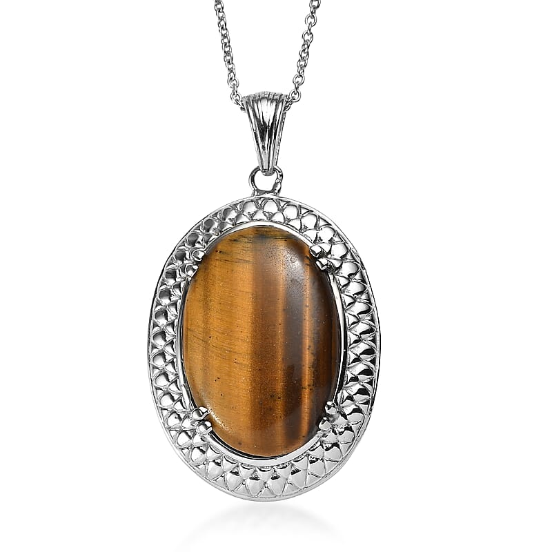 EverTrue Tigers Eye 32.75 ctw Pendant Necklace in Stainless Steel 20 Inches