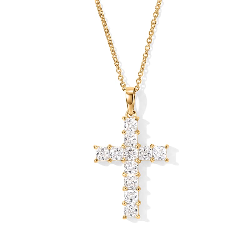 EverTrue Princess Cut Simulated Diamond Pendant in 18K YG Plated with ION Plated YG Stainless Steel Necklace 20 Inches