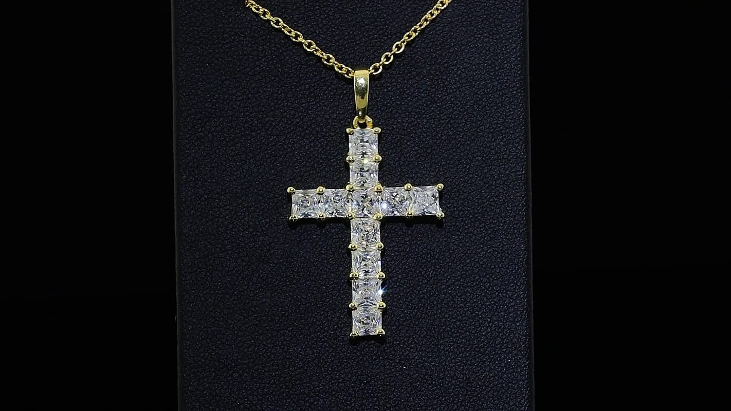 EverTrue Princess Cut Simulated Diamond Pendant in 18K YG Plated with ION Plated YG Stainless Steel Necklace (20 Inches) 7.00 ctw