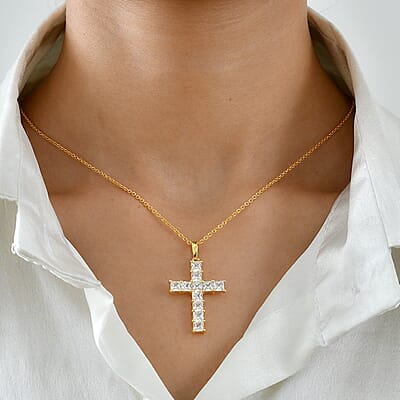 EverTrue Princess Cut Simulated Diamond Pendant in 18K YG Plated with ION Plated YG Stainless Steel Necklace 20 Inches