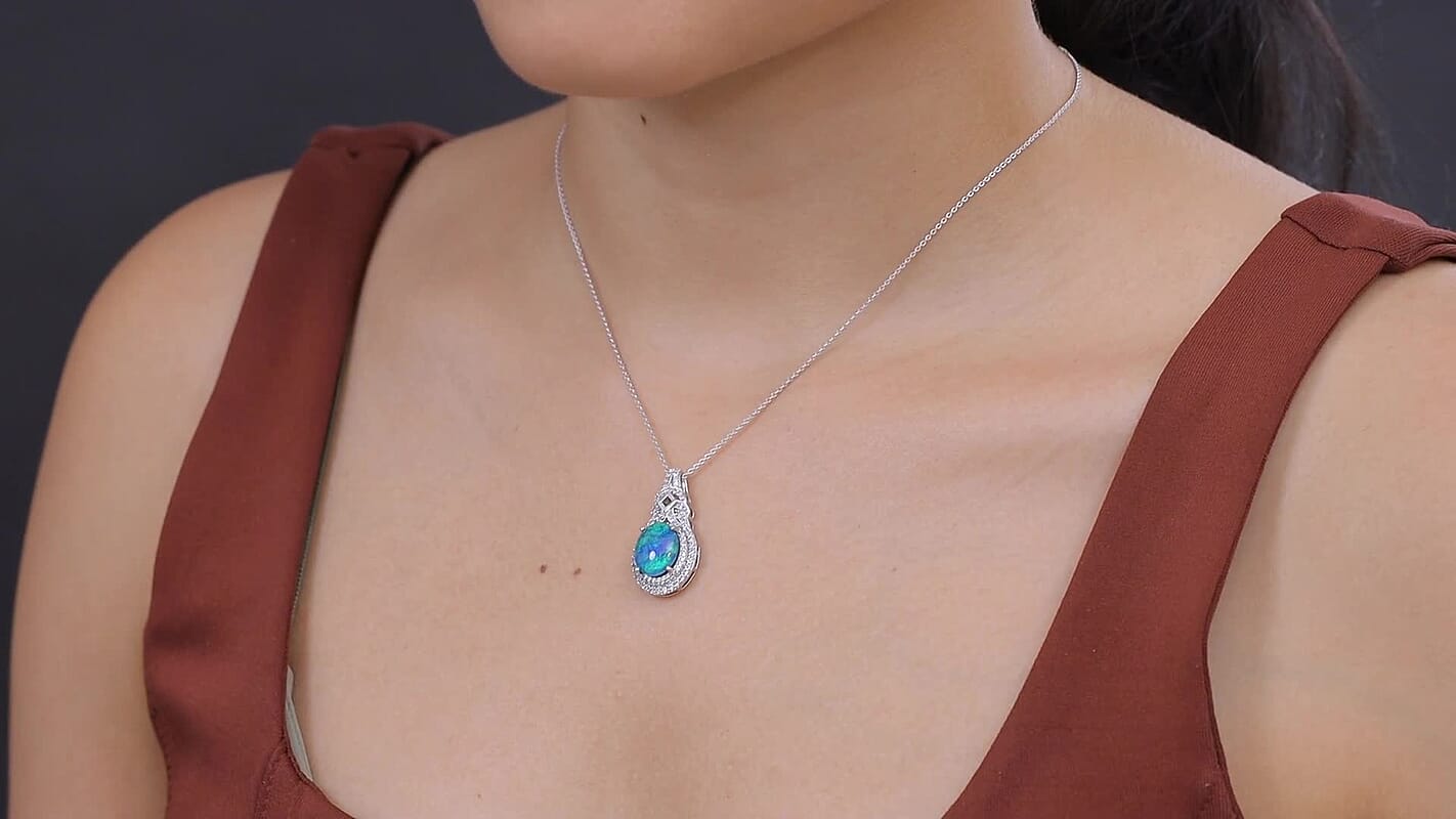 D'Joy Premium Ethiopian Welo Opal and Multi Gemstone 4.00 ctw Pendant in Rhodium Over Sterling Silver with Stainless Steel Necklace 20 Inches