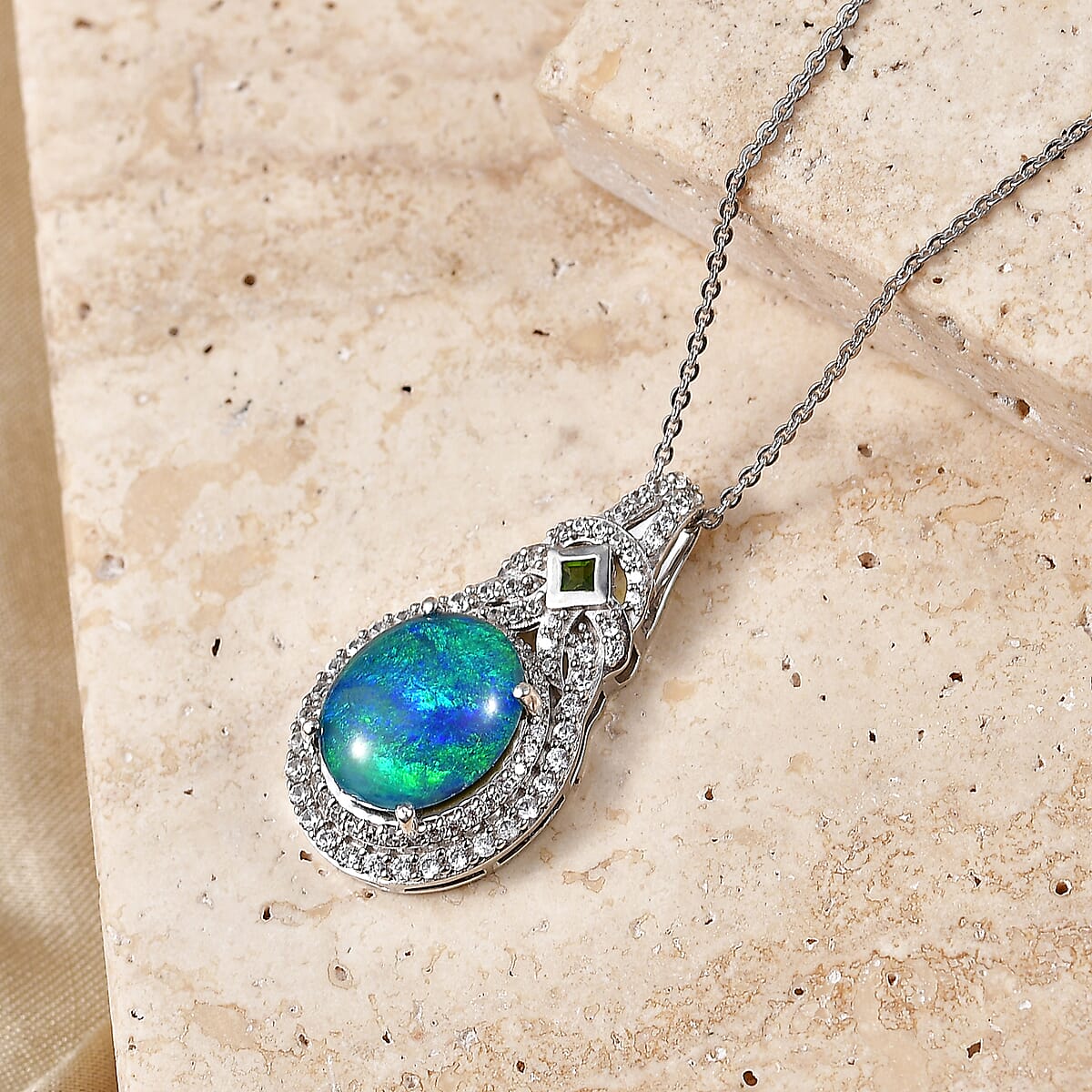 TLV D'Joy Premium Australian Black Ridge Opal (Triplet), Multi Gemston Pendant Necklace (20 Inches) in Rhodium Over Sterling Silver 1.11 ctw image number 1