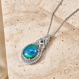 TLV D'Joy Premium Australian Black Ridge Opal (Triplet), Multi Gemston Pendant Necklace (20 Inches) in Rhodium Over Sterling Silver 1.11 ctw
