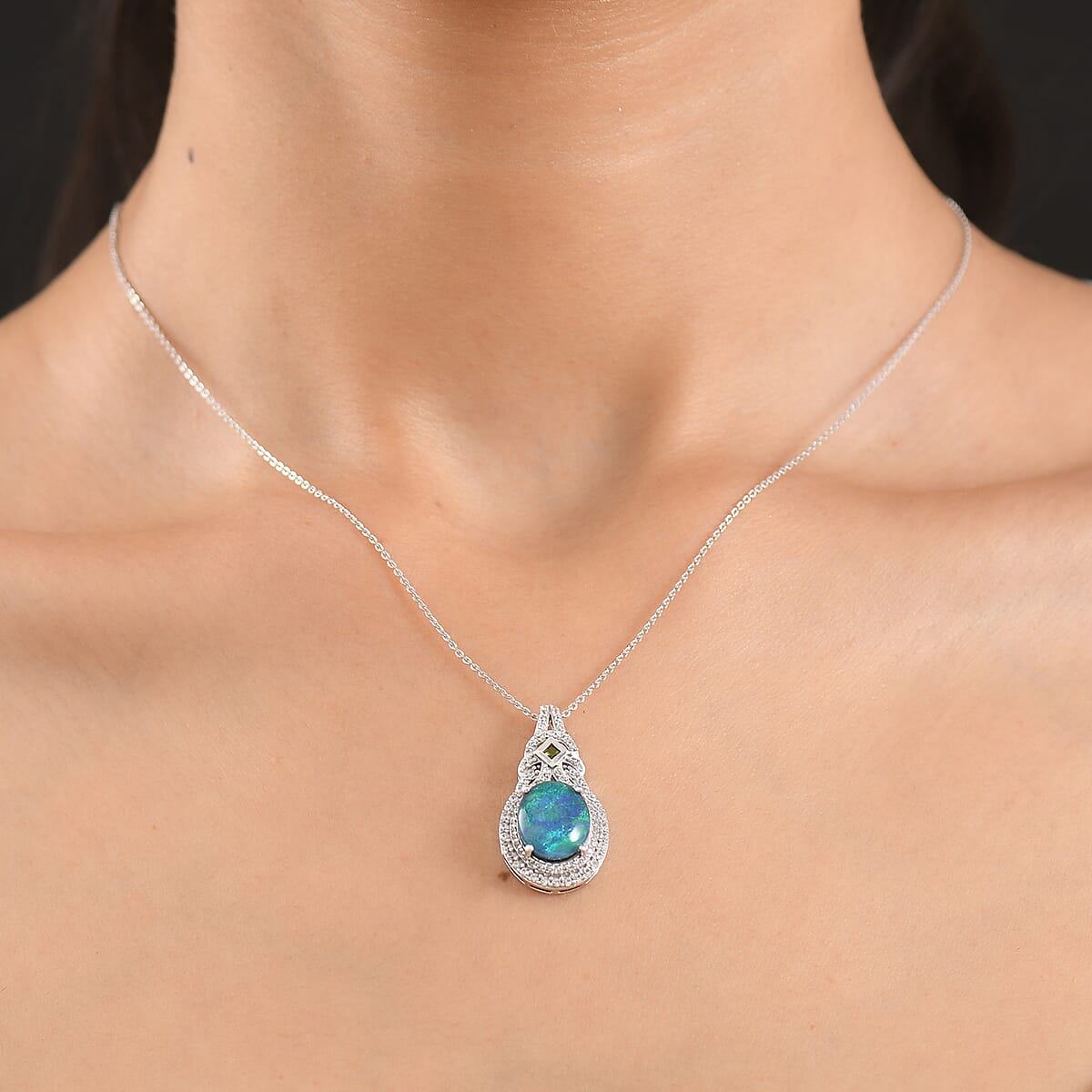TLV D'Joy Premium Australian Black Ridge Opal (Triplet), Multi Gemston Pendant Necklace (20 Inches) in Rhodium Over Sterling Silver 1.11 ctw image number 2