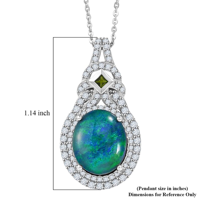 D'Joy Premium Australian Black Ridge Opal (Triplet) and Multi Gemstone 3.90 ctw Mystic Lace Pendant Necklace (20 Inches) in Rhodium Over Sterling Silver