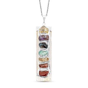 Selenite and Multi Gemstone 58.00 ctw Chakra Pendant in Silvertone with Stainless Steel Necklace (20 Inches)