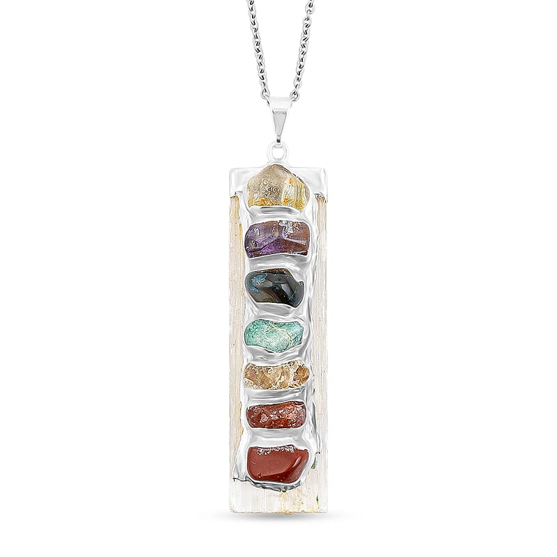 Selenite and Multi Gemstone 58.00 ctw Chakra Pendant in Silvertone with Stainless Steel Necklace (20 Inches)