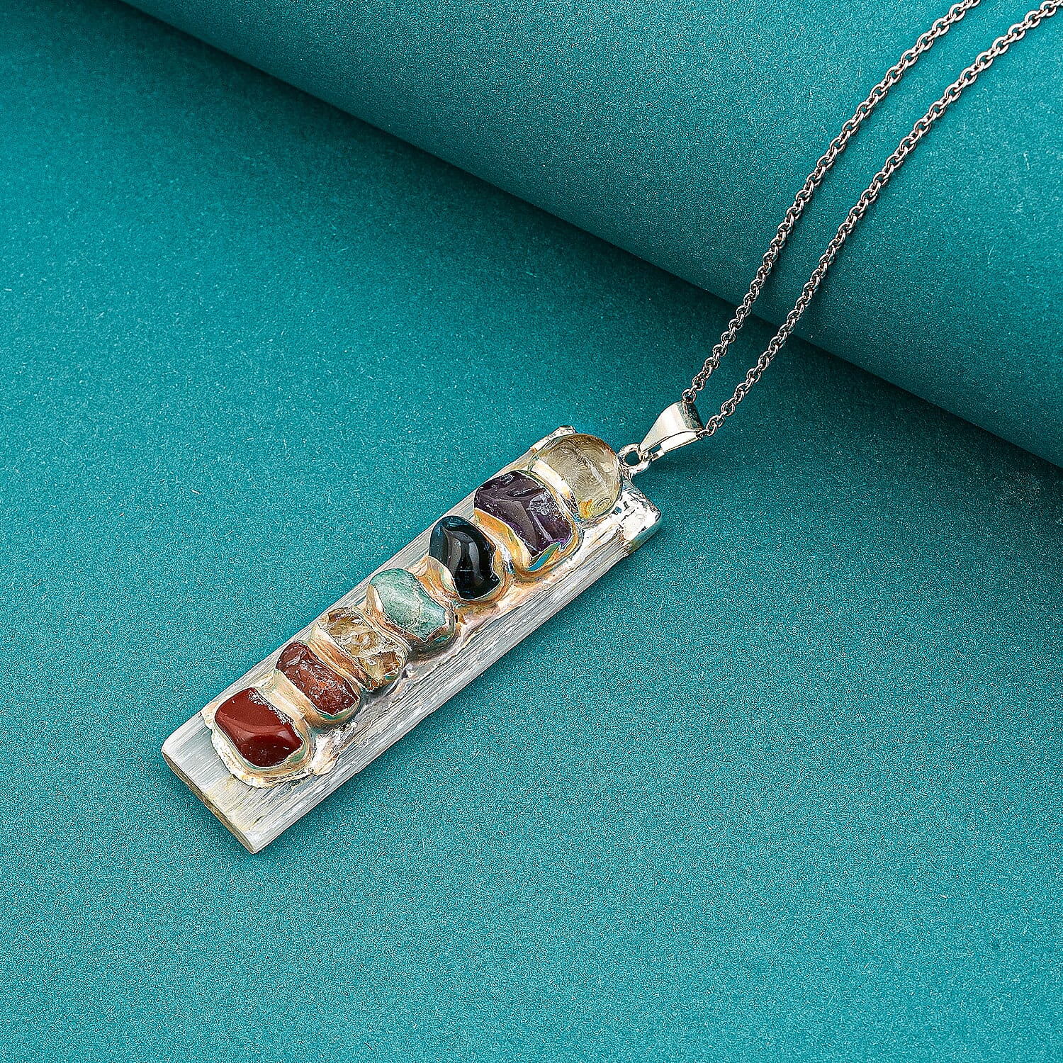 Selenite and Multi Gemstone 58.00 ctw Chakra Pendant in Silvertone with Stainless Steel Necklace (20 Inches)