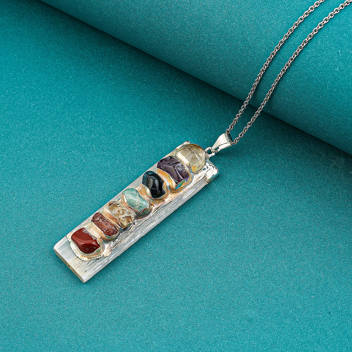 Selenite and Multi Gemstone 58.00 ctw Chakra Pendant in Silvertone with Stainless Steel Necklace (20 Inches) image number 1