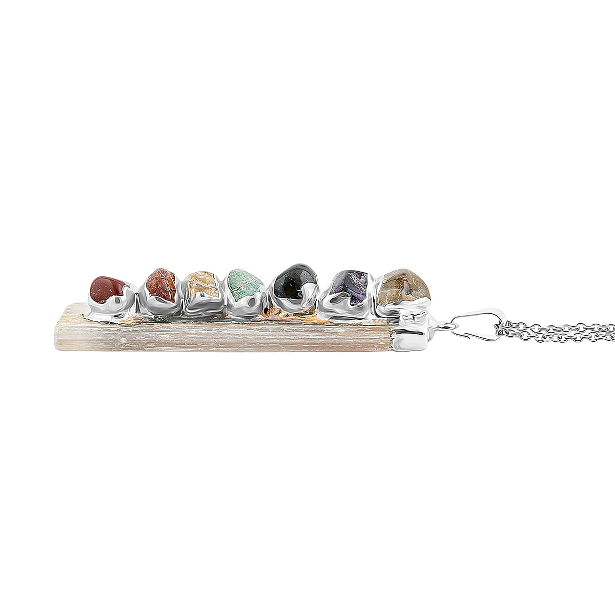 Selenite and Multi Gemstone 58.00 ctw Chakra Pendant in Silvertone with Stainless Steel Necklace (20 Inches) image number 3