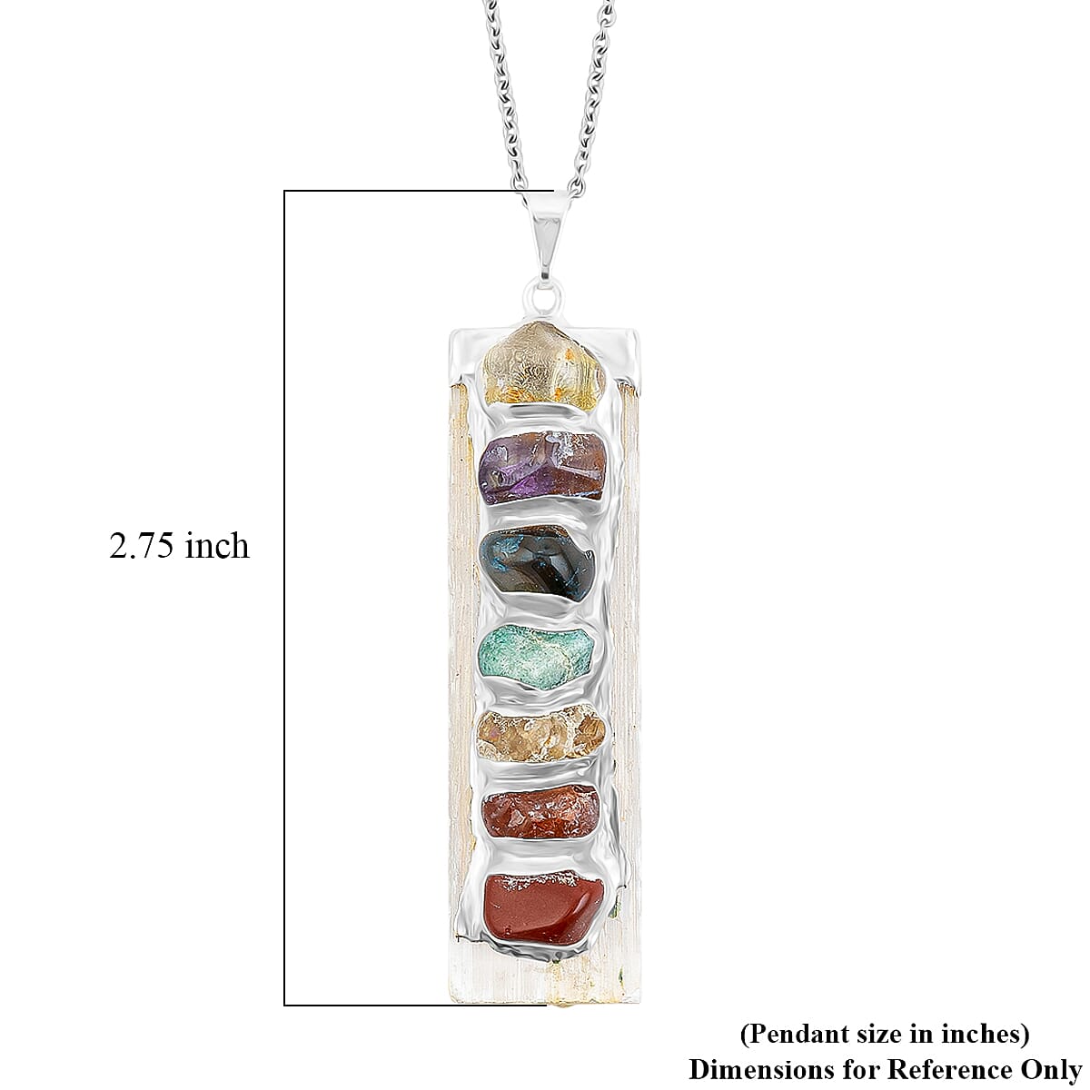 Selenite and Multi Gemstone 58.00 ctw Chakra Pendant in Silvertone with Stainless Steel Necklace (20 Inches) image number 5