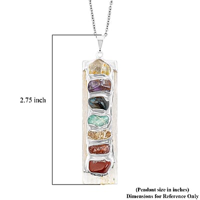 Selenite and Multi Gemstone 58.00 ctw Chakra Pendant in Silvertone with Stainless Steel Necklace (20 Inches)