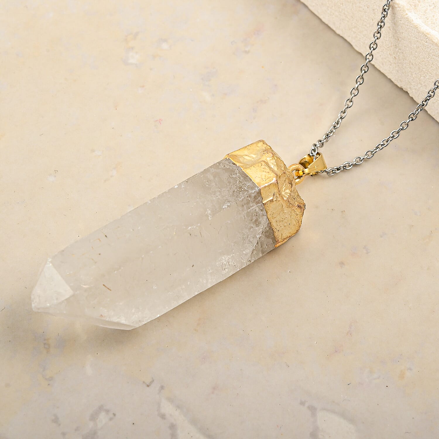 Clear Quartz 110.00 ctw Point Pendant in Goldtone with Stainless Steel Necklace (20 Inches)